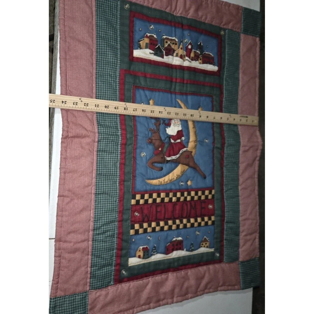 Vintage Primitive Christmas Quilt Wall Hanging Welcome Santa Moon Reindeer 24x34